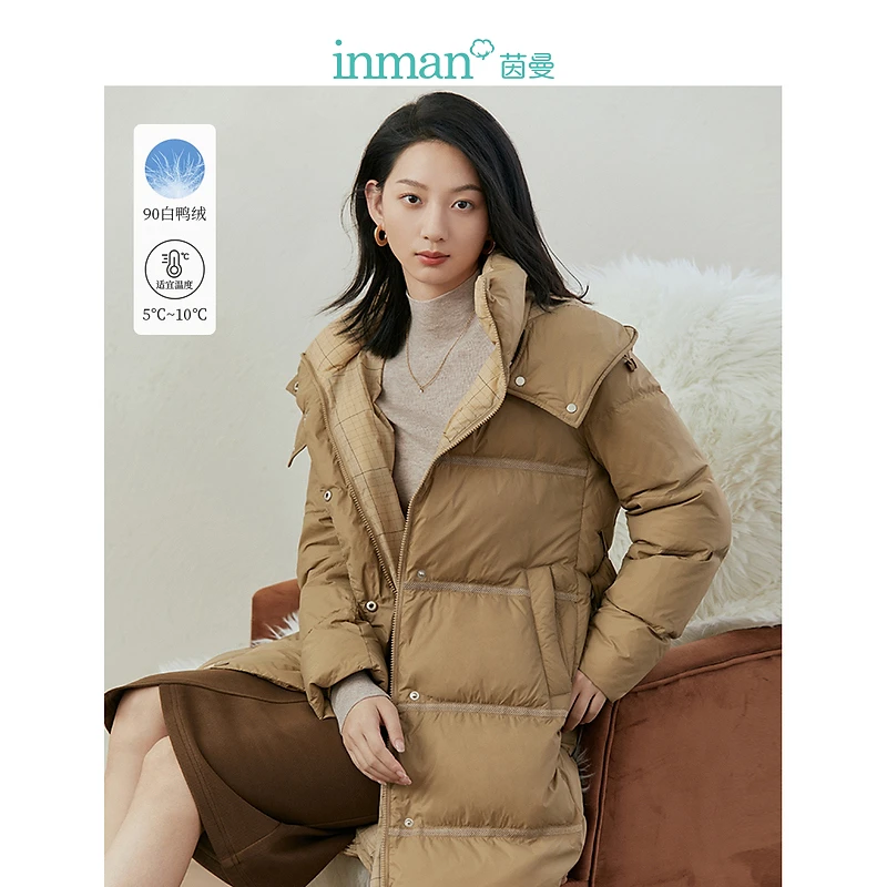 【冬季厚外套】茵曼冬季女羽绒服长款新款反季保暖加厚鸭绒连帽休闲
