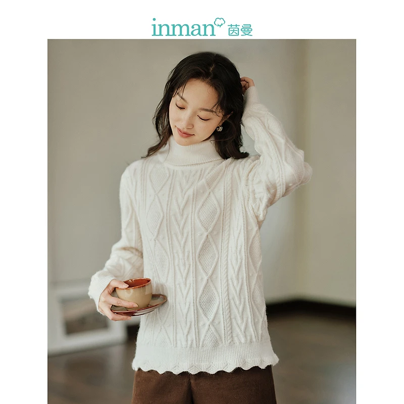 茵曼【李一桐同款】北极绒绞花毛衣冬女装新款高领长肌理套头针织衫