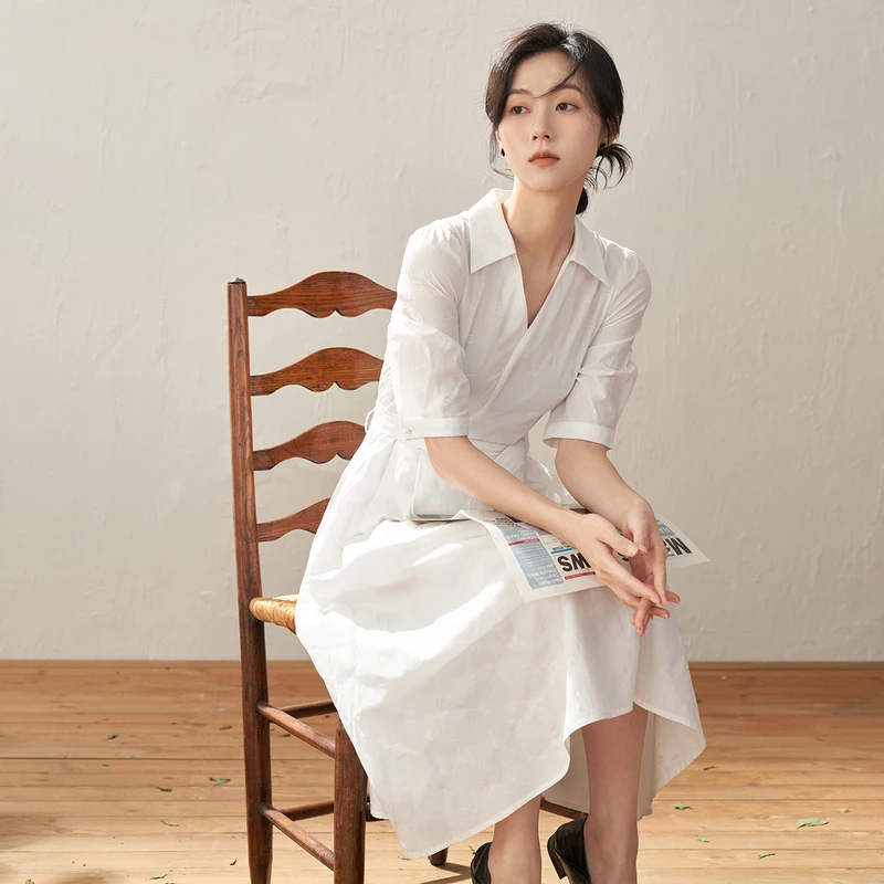 【商场同款】茵曼秋女装通勤提花翻领中袖a字连衣裙伞裙18236461