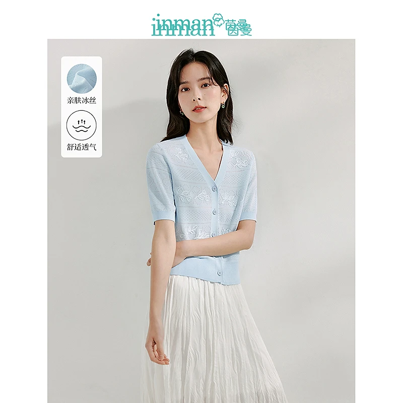 【商场同款】茵曼夏季女毛针织衫上衣开衫新款短袖显瘦宽松半身裙