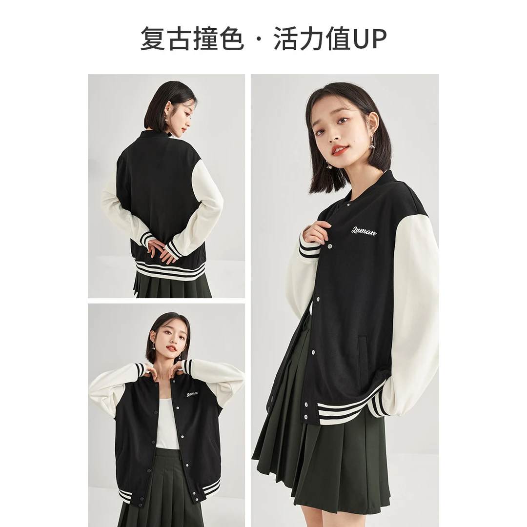 茵曼春秋女短外套上衣夹克长袖新款休闲时尚服宽松黑色口袋撞色