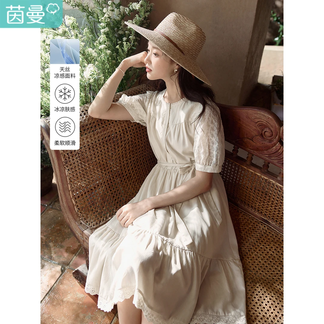 茵曼夏季女装新款拼接花边收腰泡泡袖圆领法式连衣裙18322367