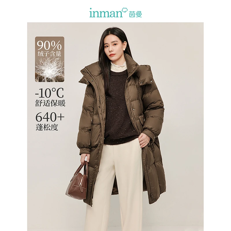 【商场同款】茵曼2024冬季复古连帽羽绒服时尚百搭休闲保暖长外套女