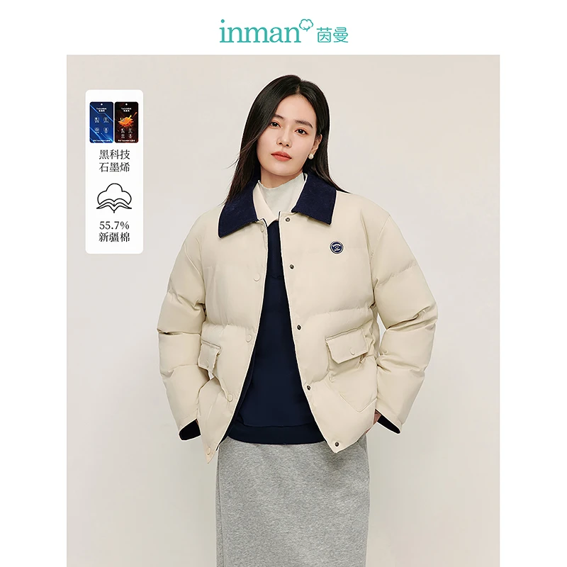 【商场同款】茵曼2024冬季复古撞色翻领棉服外套时尚百搭保暖棉衣女