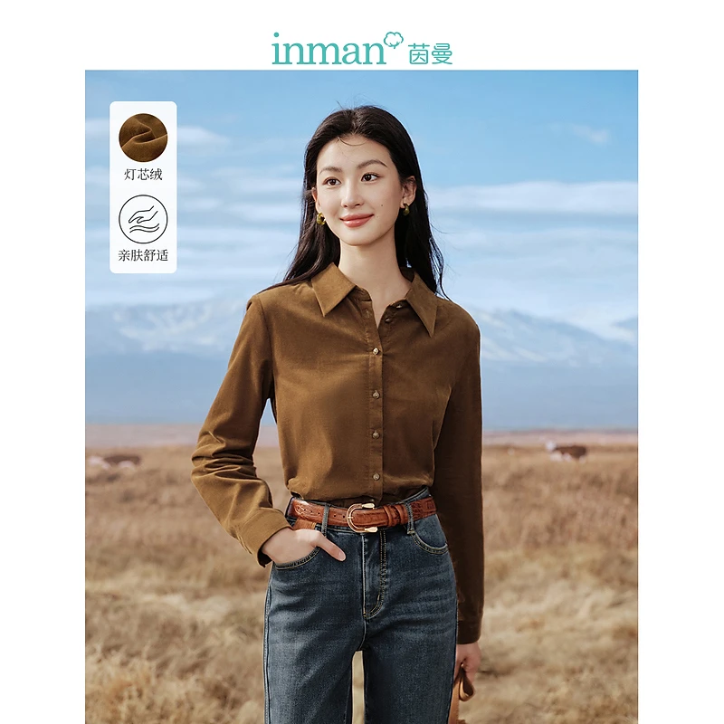 茵曼田园风尖角领灯芯绒衬衣2023冬女装新款正肩微宽显瘦长袖上衣