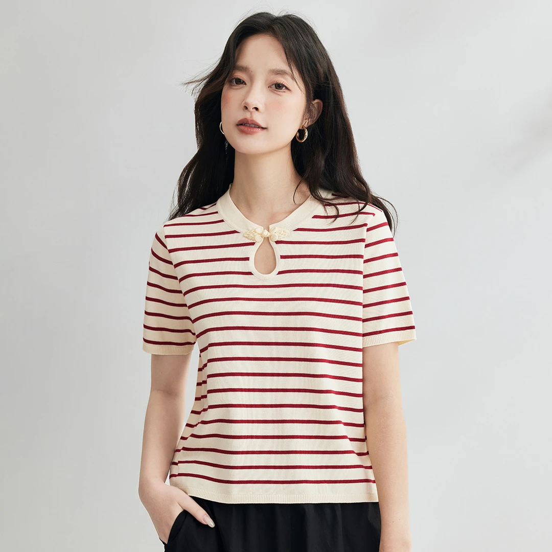 【雅丹风】茵曼2024夏季新款女毛针织衫上衣短袖条纹薄款套头圆领