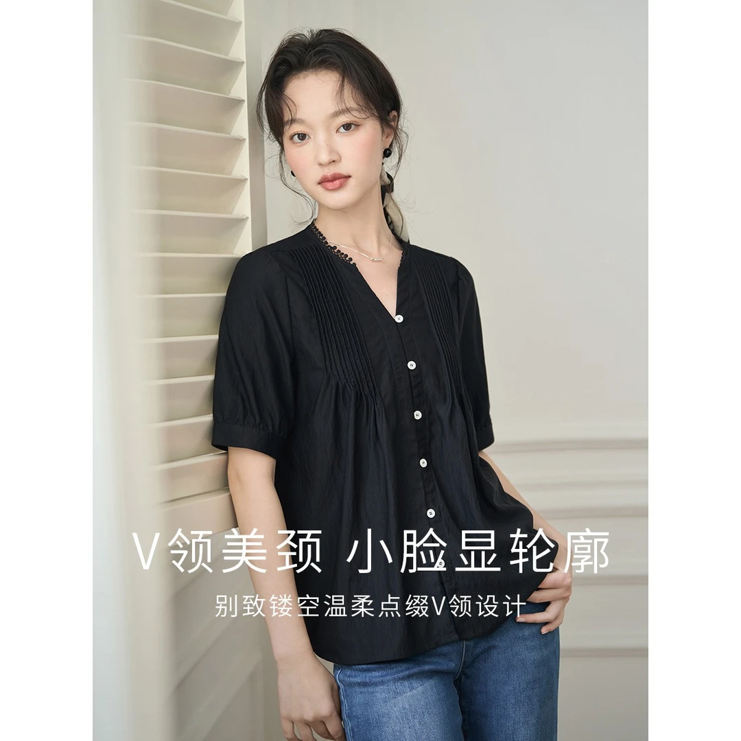 【雅丹风】茵曼夏季女衬衫上衣短袖新款泡泡袖宽松休闲白色纯色V领