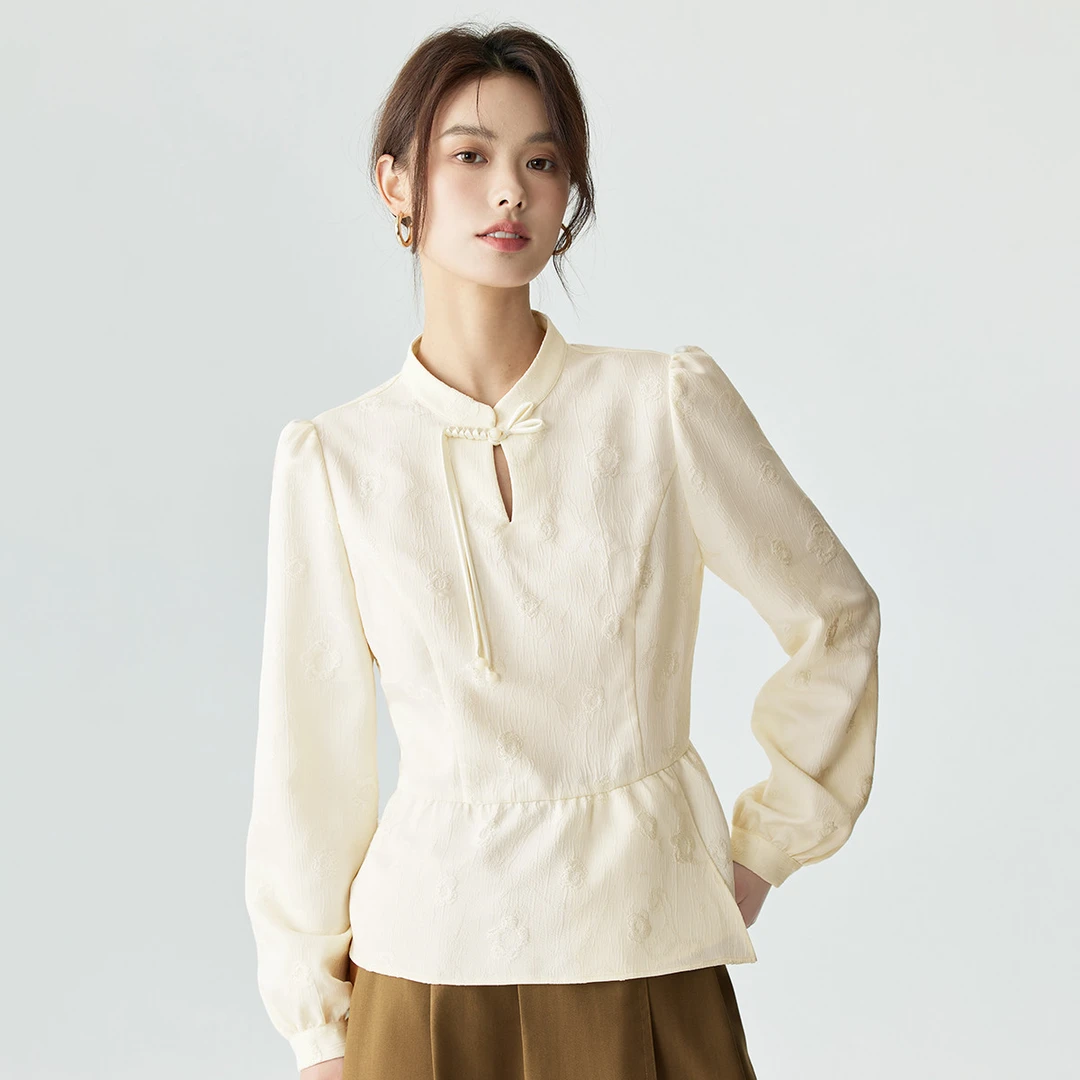 【浪漫情人节】茵曼春季新中式立领国风盘扣衬衫女拼接休闲长袖衬衣