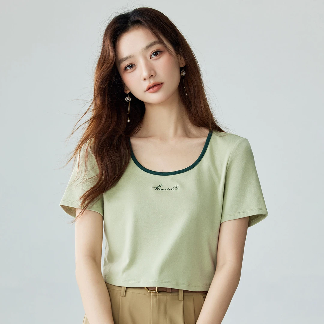 【雅丹风】茵曼夏季新款女T恤上衣短袖时尚短款休闲U小众黑色