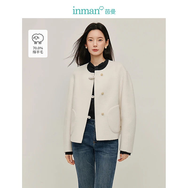 【商场同款】茵曼2024冬季绵羊毛混纺口袋双面呢小香风气质长袖外套