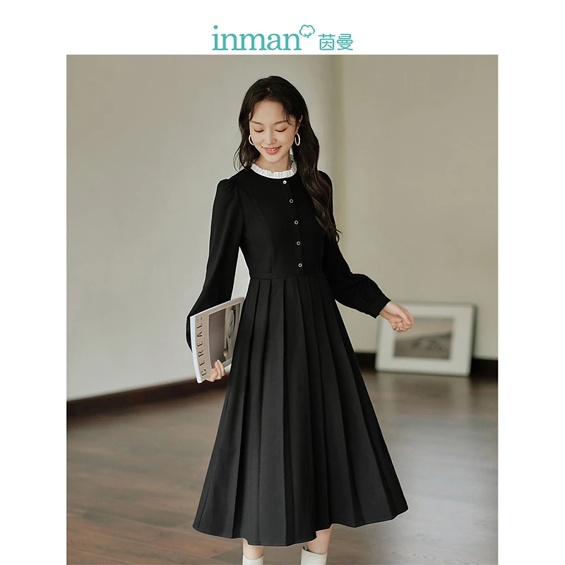 【雅丹风】茵曼冬季女连衣裙裙子长袖女装气质显瘦新款休闲时尚黑色