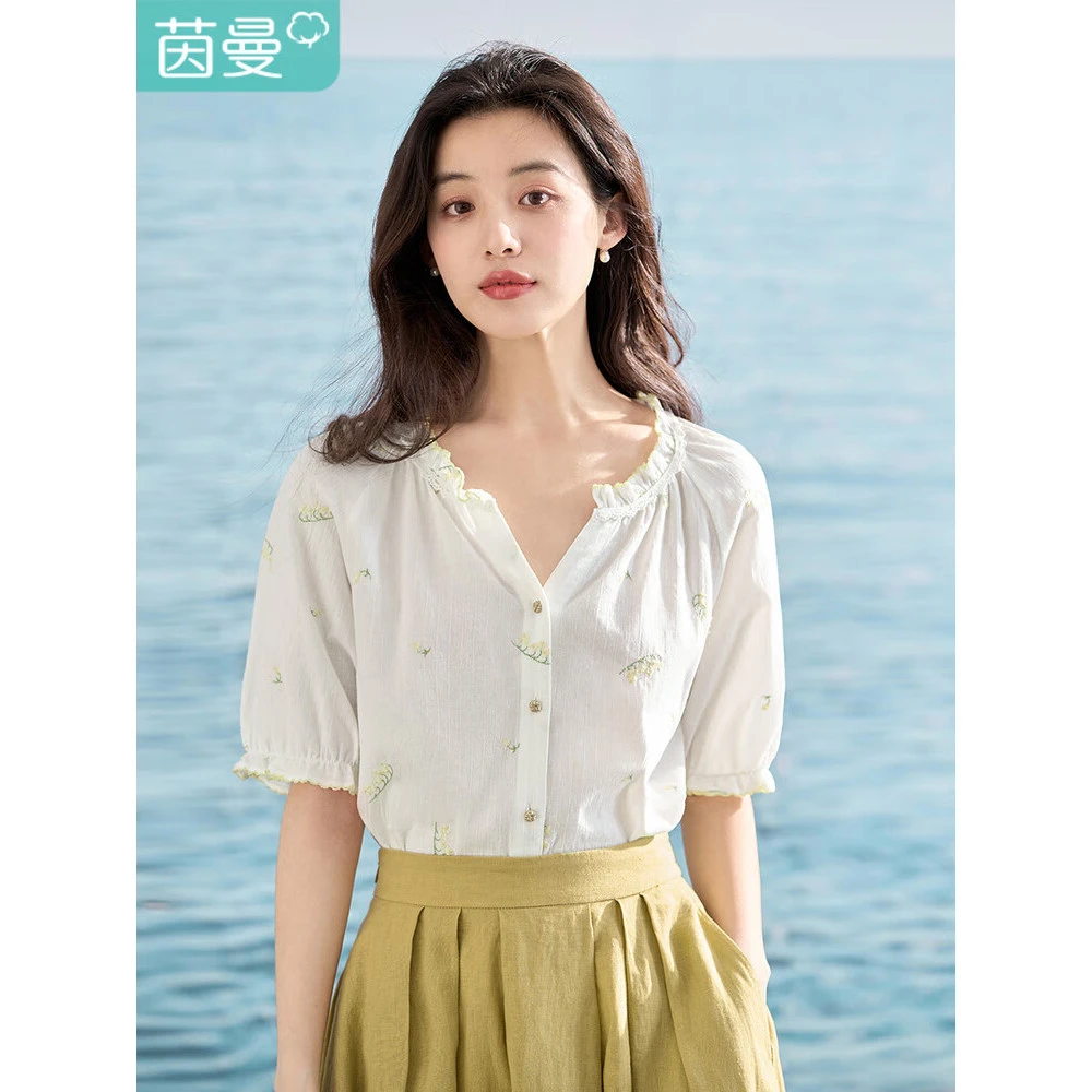 【商场同款】茵曼夏季小众清新时尚气质衬衫波浪V领提花泡泡袖上衣
