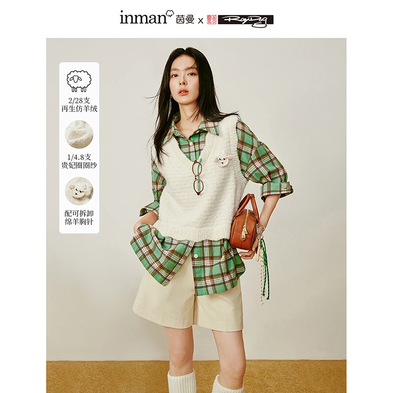 【奶fufu】茵曼x米雷联名冬季圈圈纱马甲时尚百搭V领胸针毛衣背心女