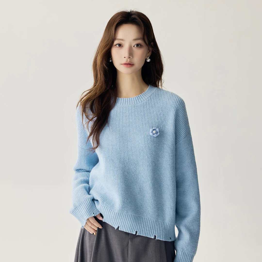 茵曼2024冬季新款女毛衣上衣短款套头毛衣宽松开衫百搭圆领长袖风