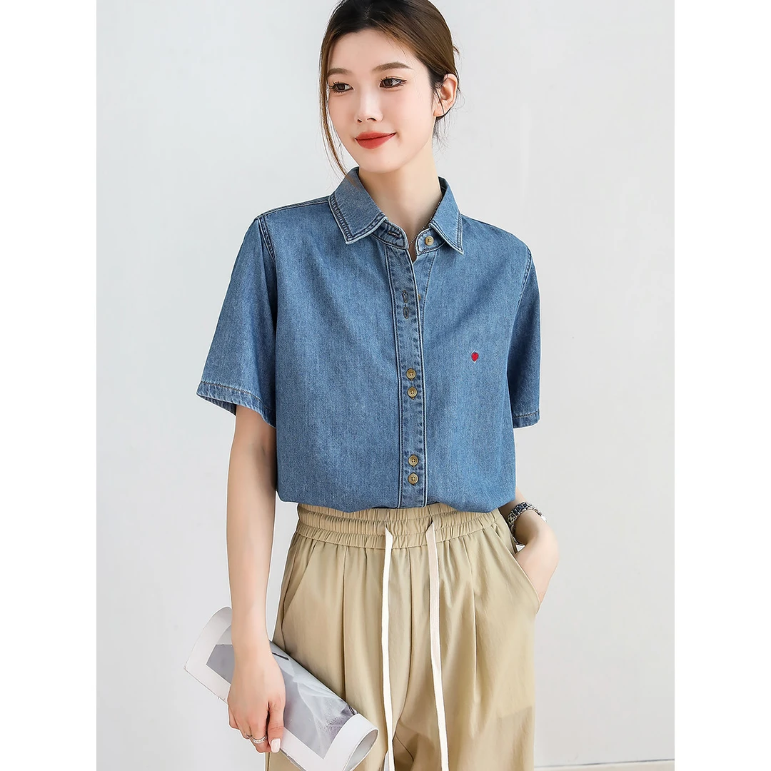 【终狂欢购】茵曼夏季纯棉翻领牛仔衬衫复古气质百搭舒适短袖衬