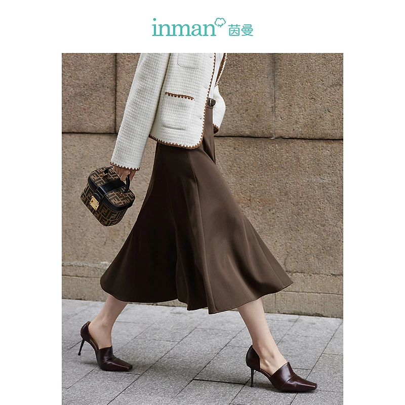 茵曼春秋女半身裙鱼尾女装显瘦休闲A字高腰中长新款黑色百搭时尚
