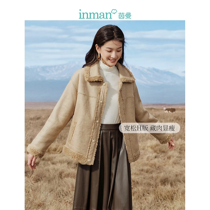 【茵曼服饰】羊羔绒外套厚外套翻领长袖加厚保暖夹克18348414