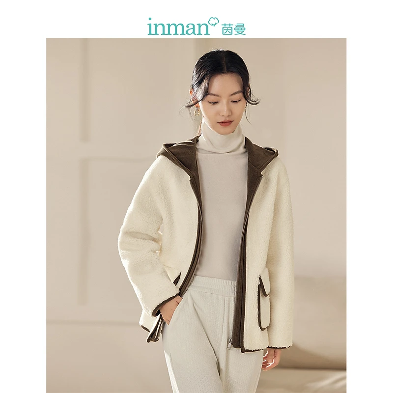 【冬季厚外套】茵曼冬季女短外套上衣休闲毛绒羊羔女士新款连帽拉链