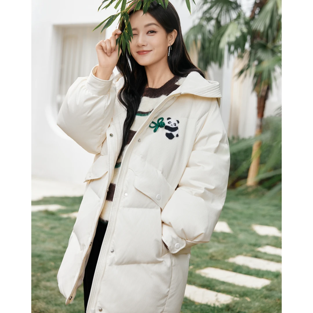 【冬季厚外套】茵曼冬季女羽绒服长款短款新款反季加厚面包鸭绒连帽