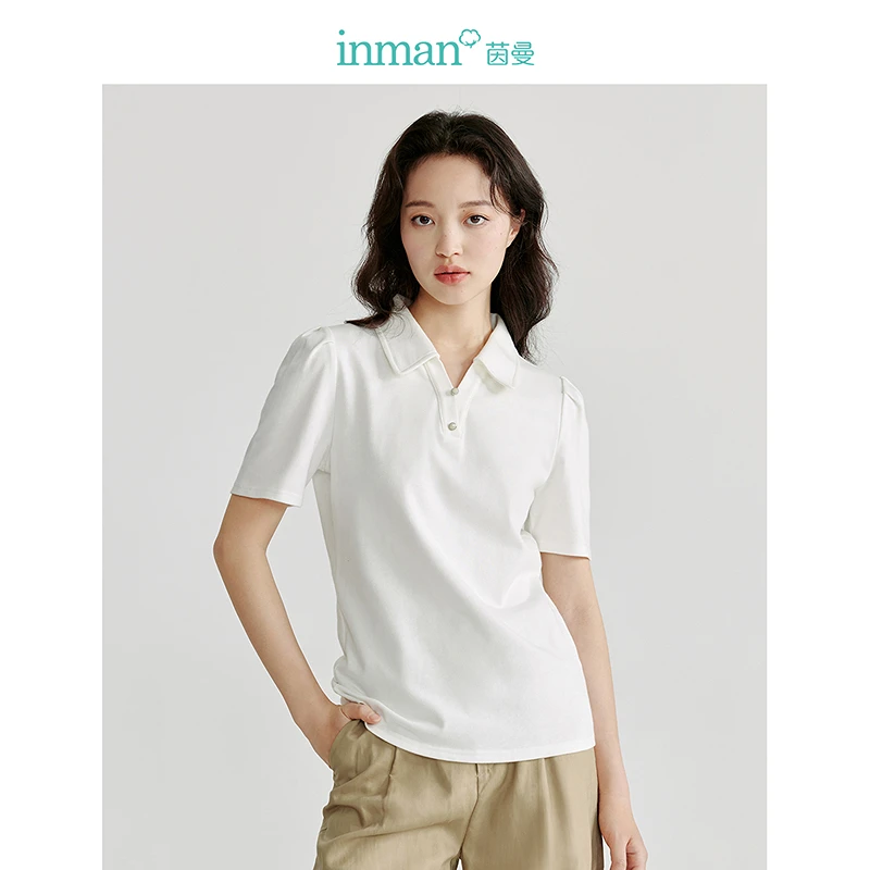 茵曼纯棉Polo领T恤2024夏季新款V领泡泡袖显瘦时尚百搭短袖上衣女