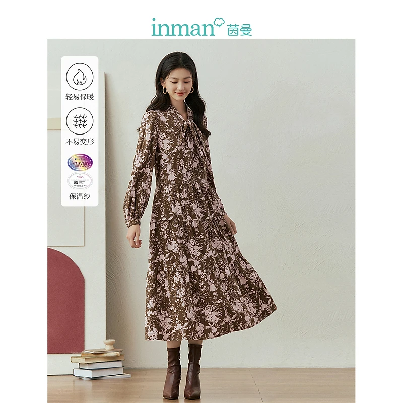 【商场同款】茵曼恒温印花连衣裙冬季女装新款可调绑带裙子
