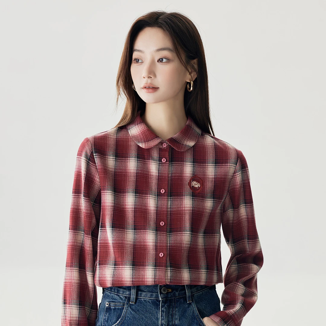 【欧若智性风】茵曼冬季港风复古撞色格纹衬衫女经典百搭长袖厚衬衣
