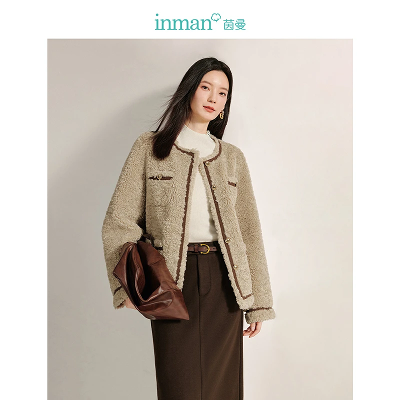 茵曼冬季小香风皮毛一体仿羊羔绒外套女拼接织带上衣外套女秋冬款