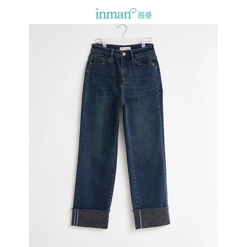 【欧若风新品】茵曼冬季暖燚绒抓绒直筒牛仔裤等等撞色翻折保暖长裤