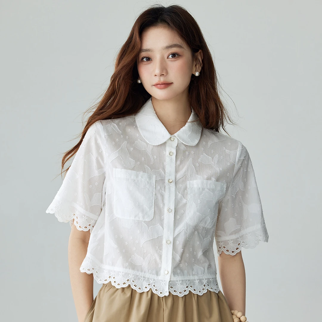 茵曼2024夏季新款女衬衫衬衣短袖气质纯棉休闲薄款豹纹针织秋季