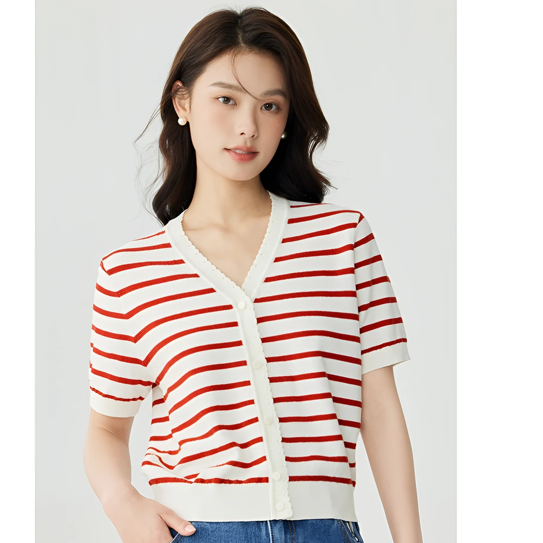 茵曼夏季新款女毛针织衫上衣开衫条纹短款显瘦薄款薄V领时尚