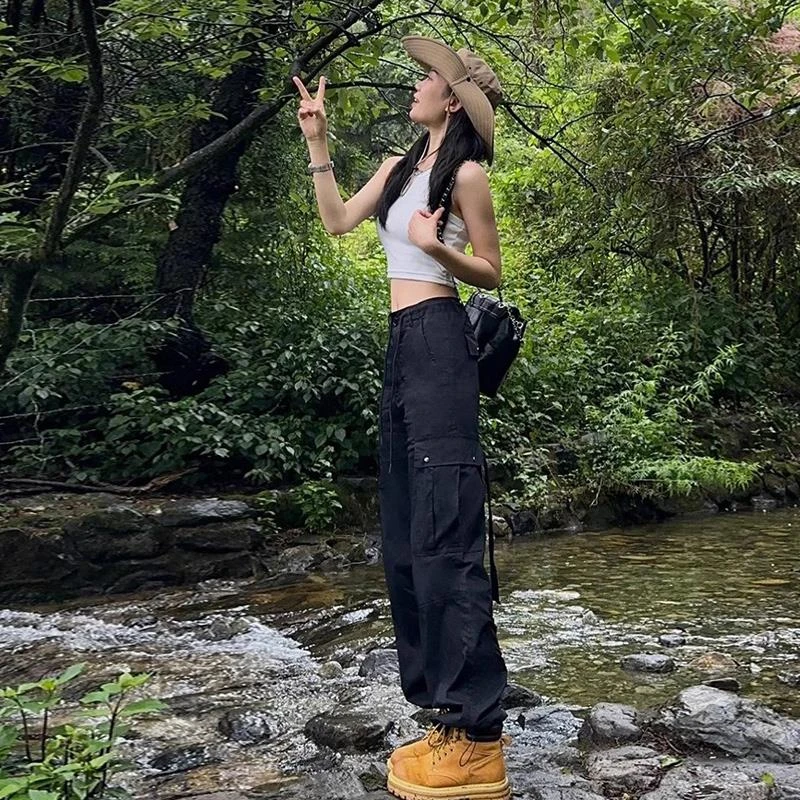美式黑色工装裤女夏2025新款夏季薄款宽松冲锋裤小个子女款登山裤