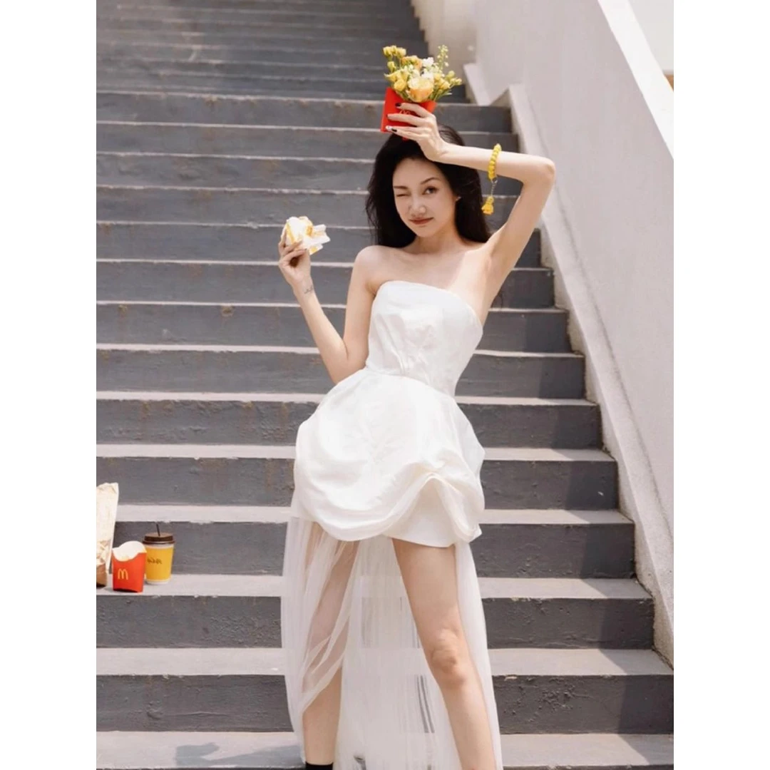 [夏]法式白色抹胸轻婚纱气质显瘦宴会生日旅拍迎宾出门纱晚礼服连