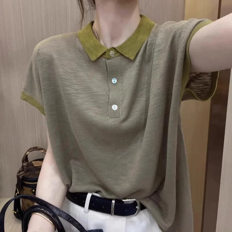 2025夏季新款撞色正肩短袖恤女夏季新款翻领时尚洋气减龄衫体女士