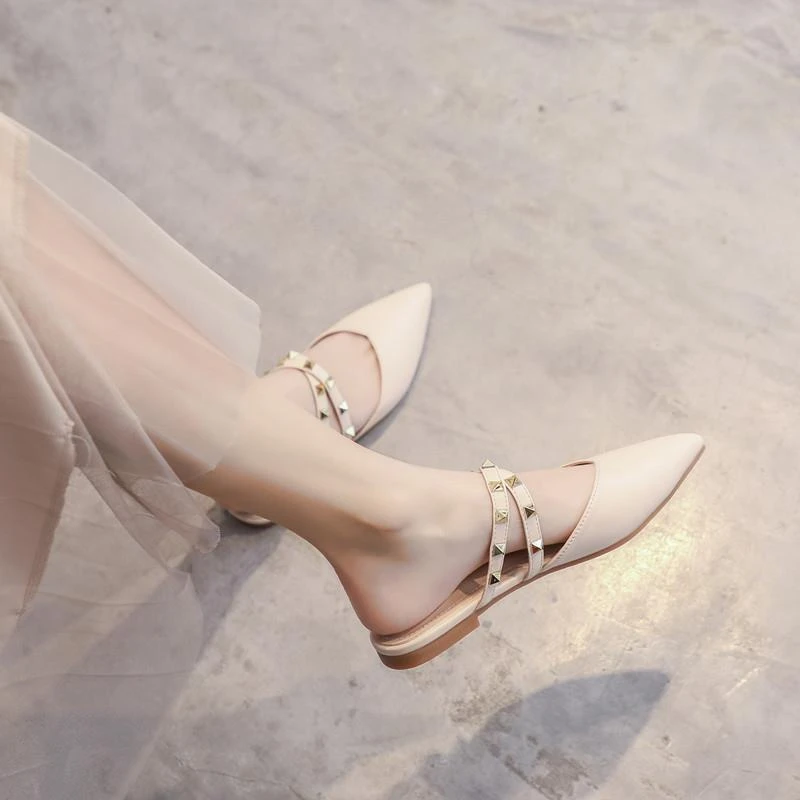 2025夏季淑女包头凉鞋女甜美半包平底孕妇温柔仙女配裙子尖头单鞋