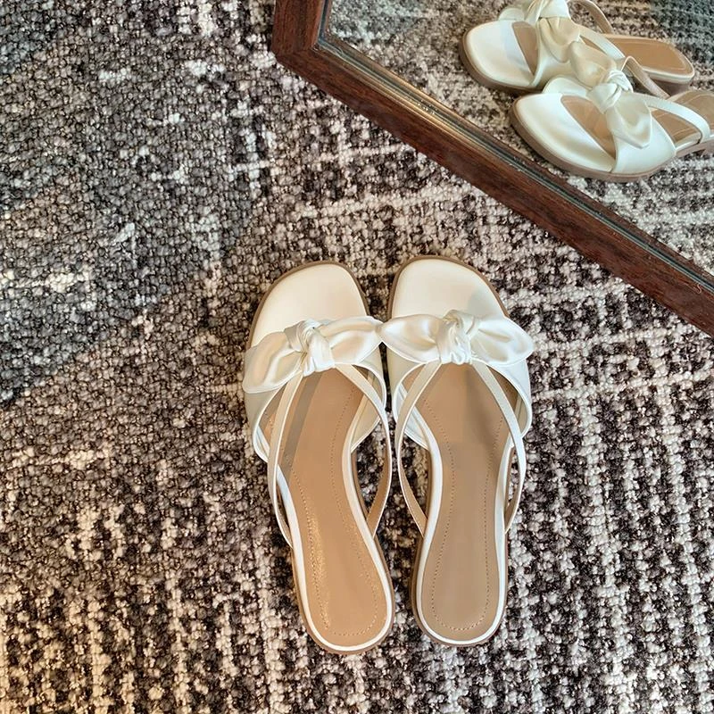 平底凉鞋2025年女新款夏季温柔仙女风蝴蝶结方头时尚凉拖鞋子网红