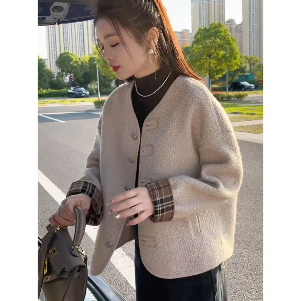 小香风拼接格子羊羔毛外套女2025秋冬季显瘦宽松显瘦皮毛一体上衣