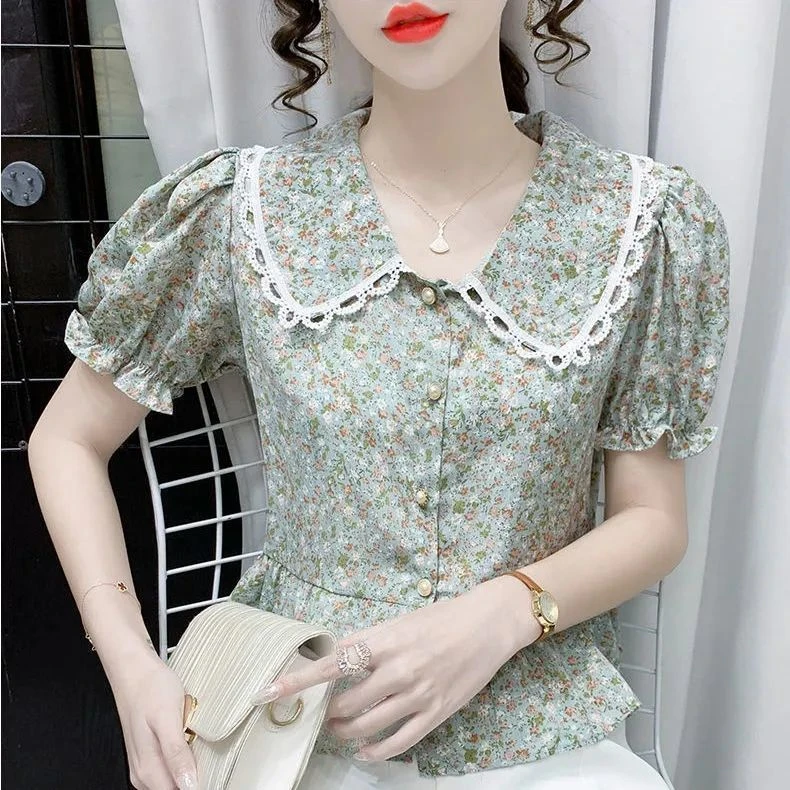 夏法式复古碎花蕾丝花边娃娃领短袖收腰衬衫女夏季新款修身百搭上