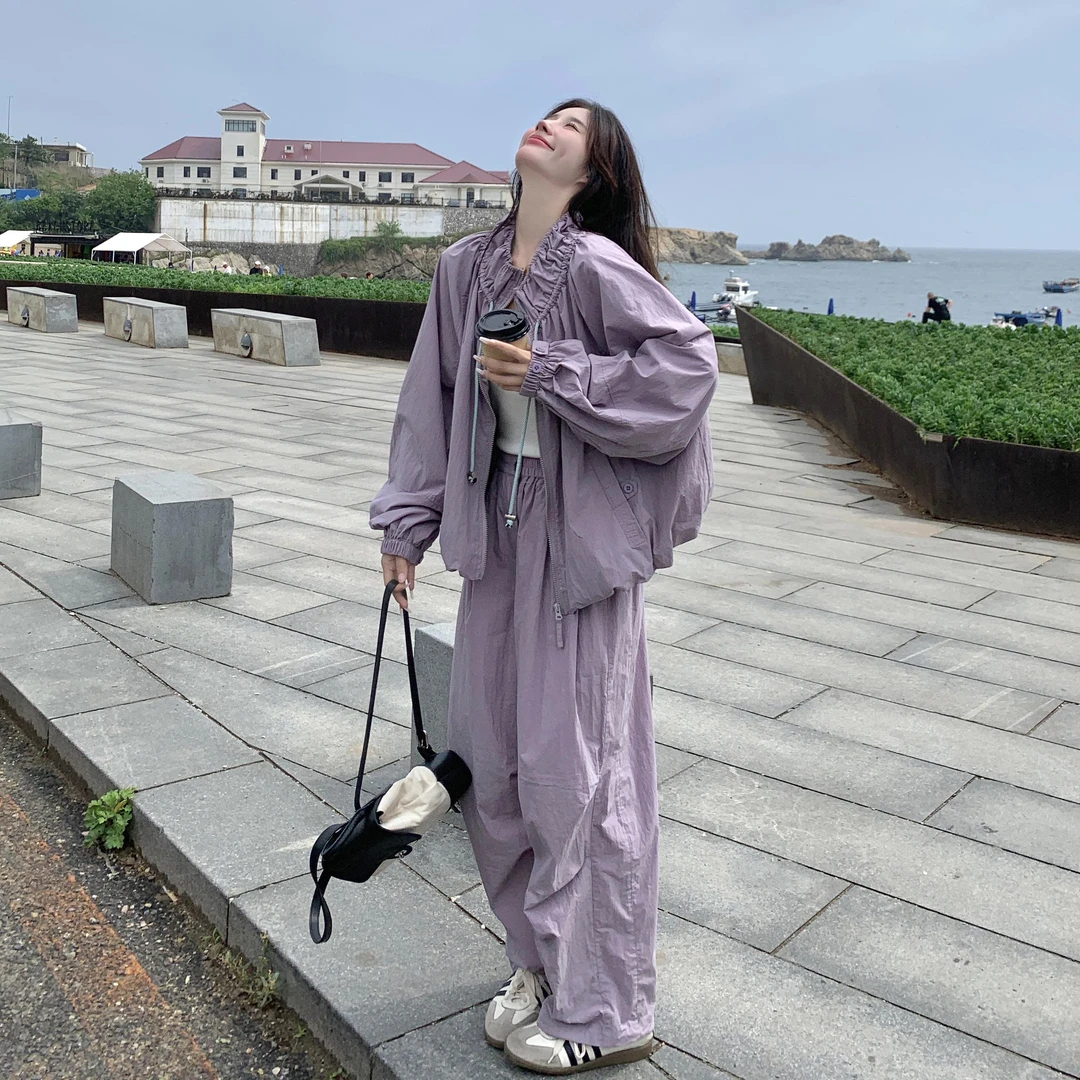 可盐可甜工装休闲运动紫色上衣套装女秋季2025新款束脚裤两件套