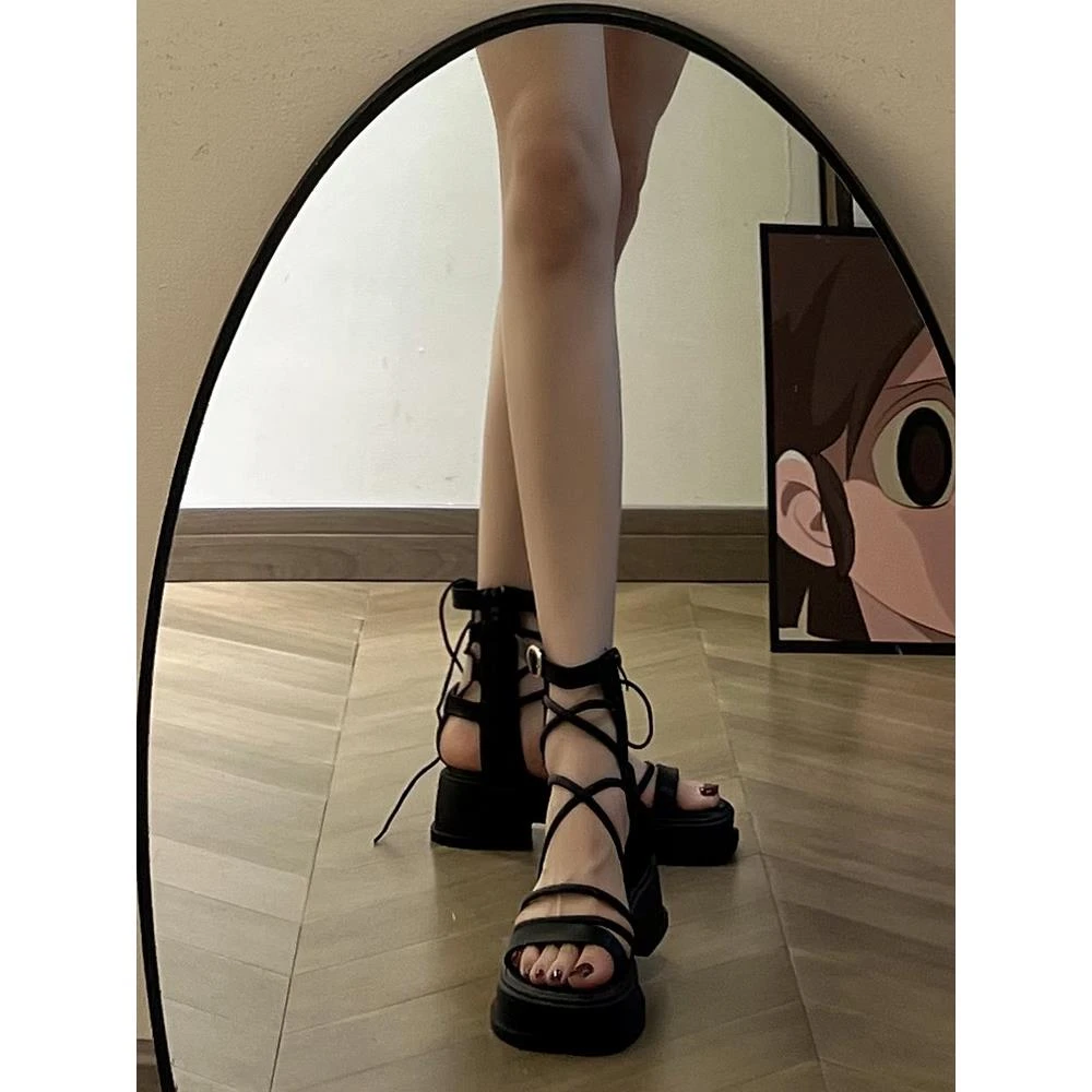 元族）黑色时装凉鞋女2025年夏季新款绑带厚底凉鞋潮网红