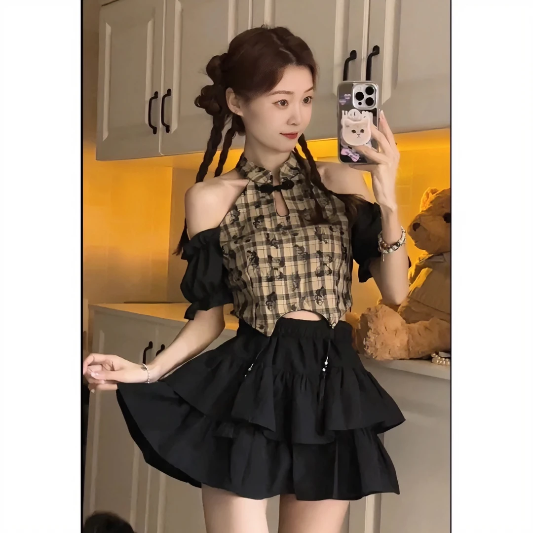 [夏季女]2026新款新中式复古格子显瘦衬衫国风镂空流苏上衣+高腰