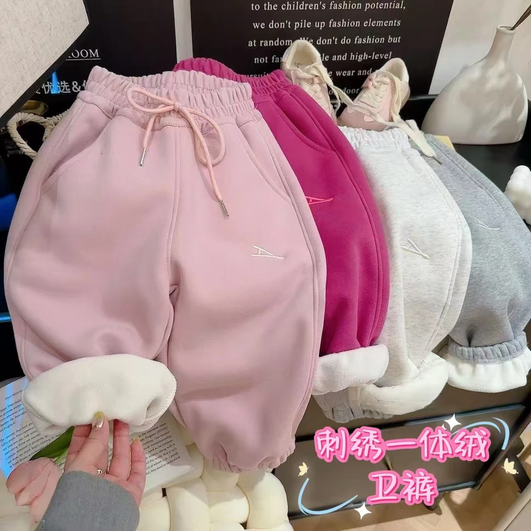 女童加绒裤2024秋冬新款中大童宽松阔腿裤休闲运动长裤儿