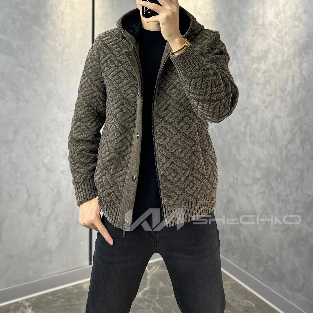 22090秋冬季2024新款男士轻奢商务休闲百搭雪尼尔连帽夹克外套