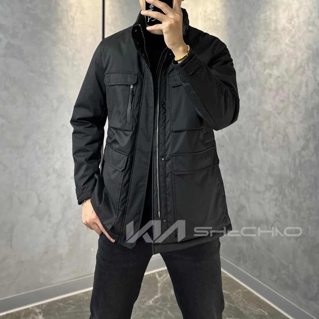 240358秋冬季2024新款男士轻奢商务休闲百搭多口袋立领中长款棉服