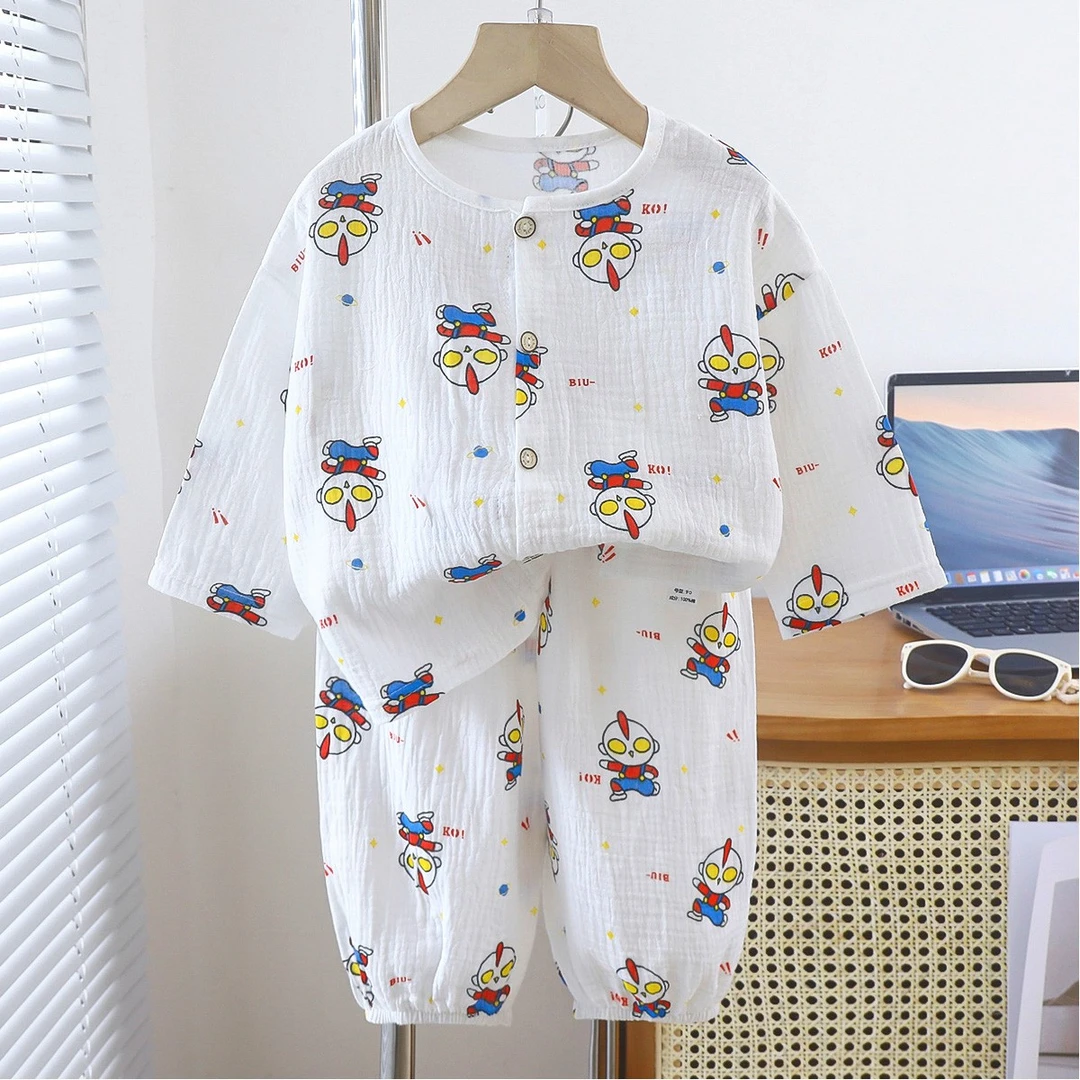 儿童夏季家居服宝宝薄款纯棉双层纱布睡衣中童空调服七分袖九分裤