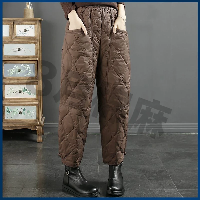 2024冬季新品文艺复古纯色菱格棉裤防风保暖加厚宽松休闲裤女