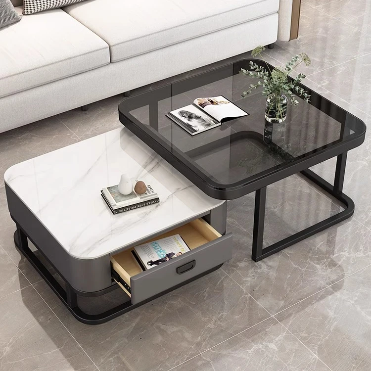 岩板茶几客厅家用现代小户型2024新款方形轻奢极简玻璃组合小茶桌