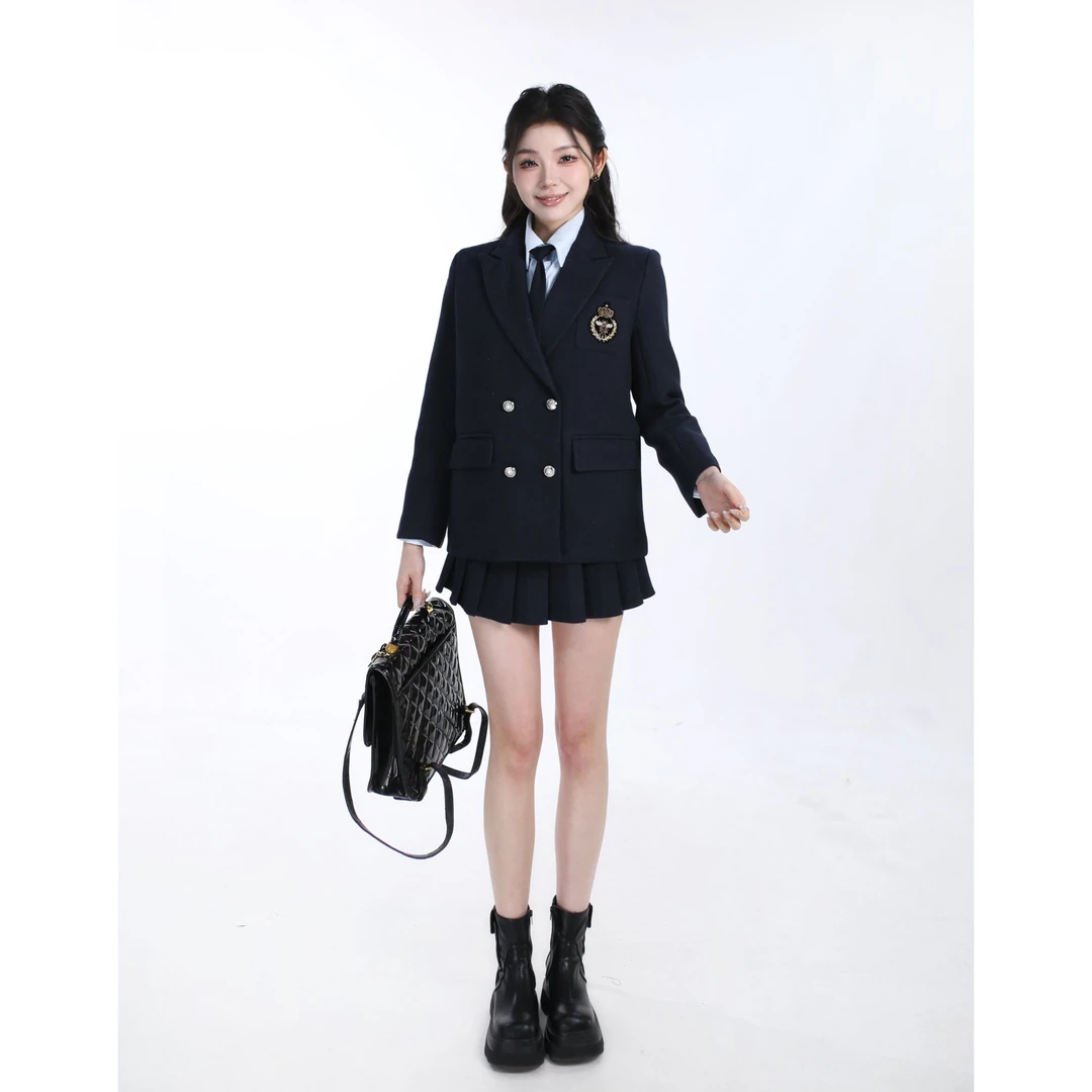 【学姐归来】秋冬气质学院风双排扣宽松廓形徽章刺绣厚款纯色女套装