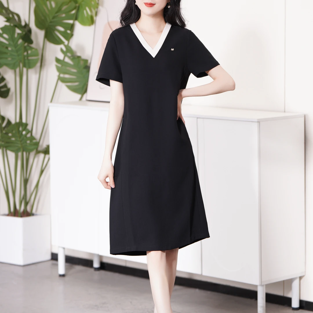 【夏季新款】韩版设计感撞色v领简约宽松中长款连衣裙BS3864裙长100