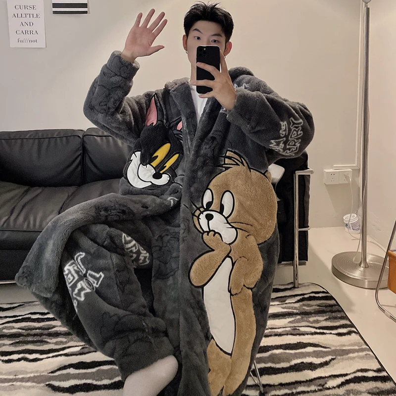 男士睡衣秋冬款加厚加绒卡通珊瑚绒睡袍冬季法兰绒浴袍家居服套装