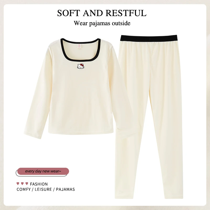 德绒内衣睡衣女秋冬季长袖卡通撞色边加绒保暖打底衫家居服秋衣裤